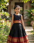 Girls Temple Border Lehenga Set in Black & Gold - Cotton Silk Lehenga for kids - front view