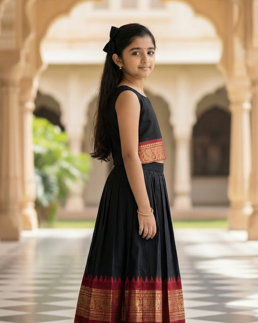 Girls Temple Border Lehenga Set in Black & Gold - Cotton Silk Lehenga - side view