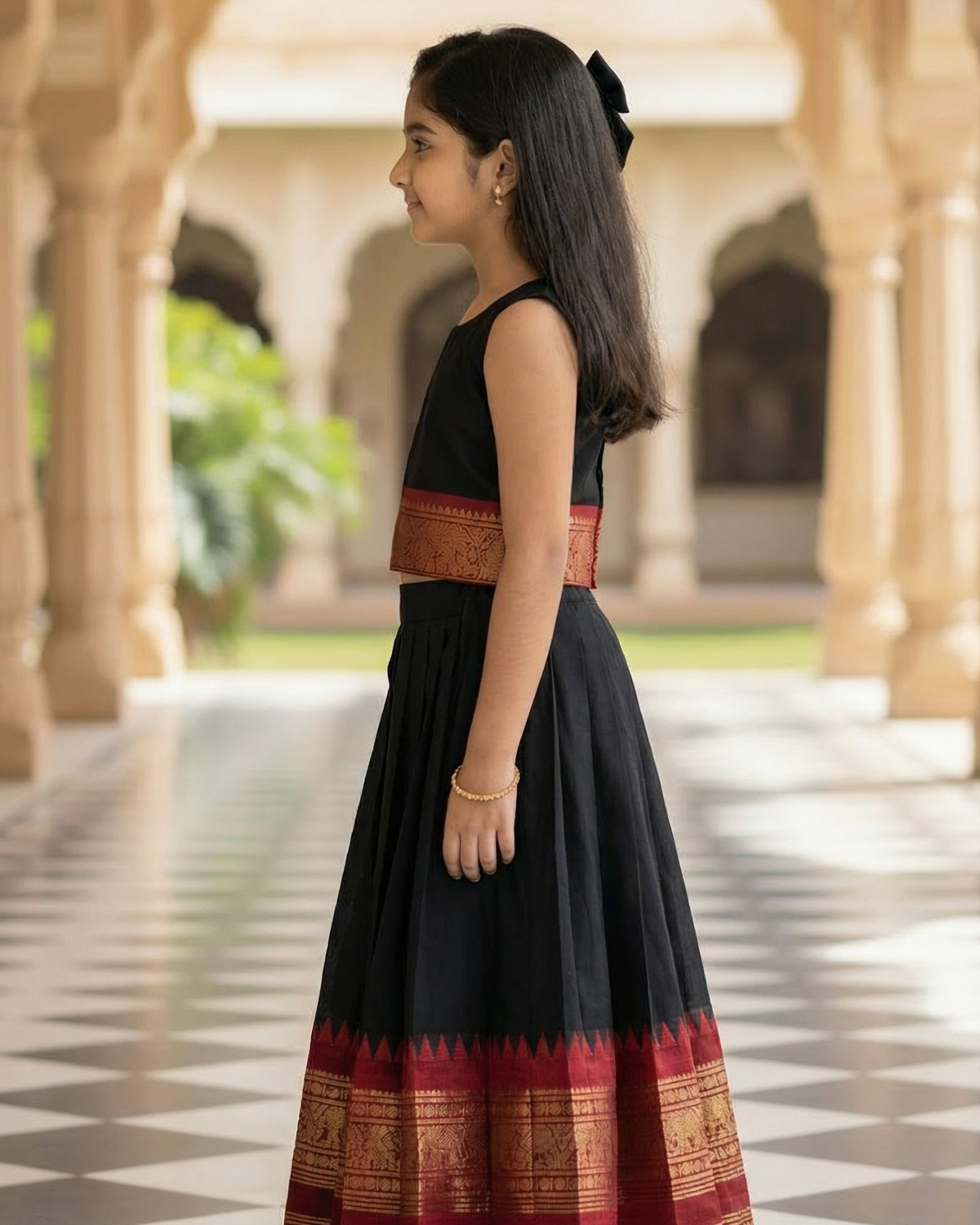 Girls Temple Border Lehenga Set in Black & Gold - Cotton Silk Lehenga - back view