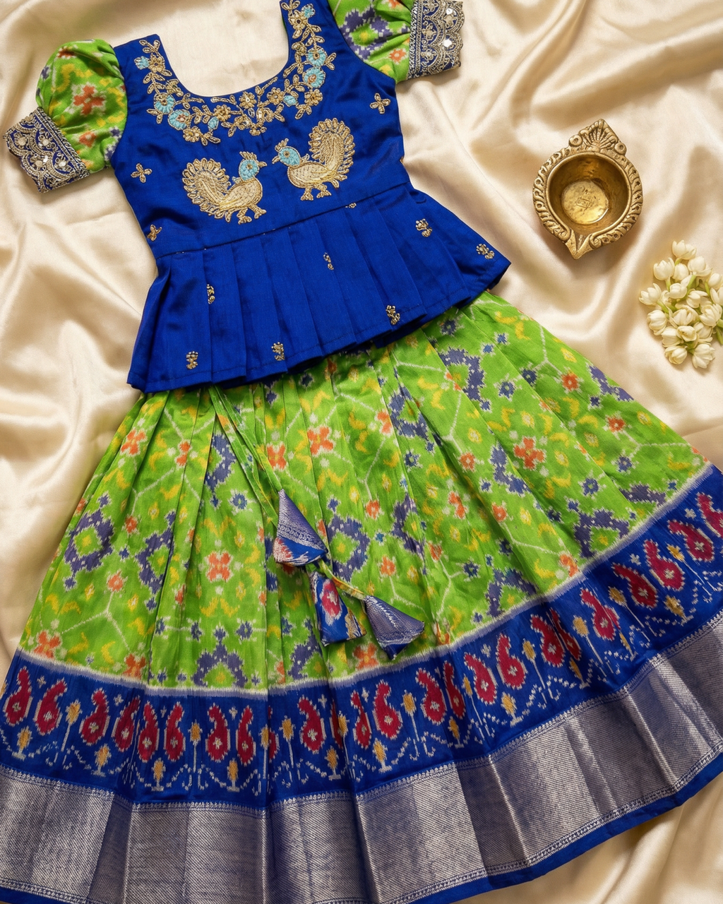 Girls Peacock Patola Lehenga Set in Green - Patola Silk Lehenga - side view