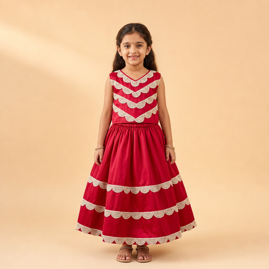 Scalloped Lace Lehenga Set Red