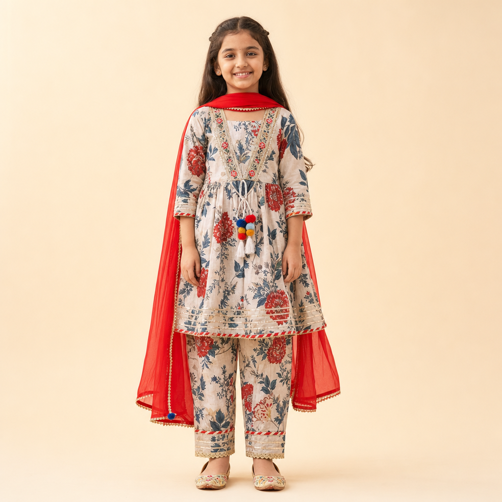 Floral Tassel Kurti Afghani Set Cream