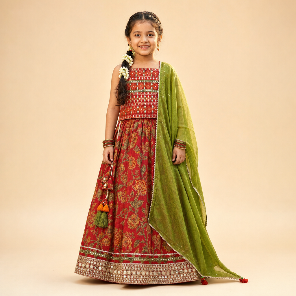 Floral Mirror Work Lehenga Set Red
