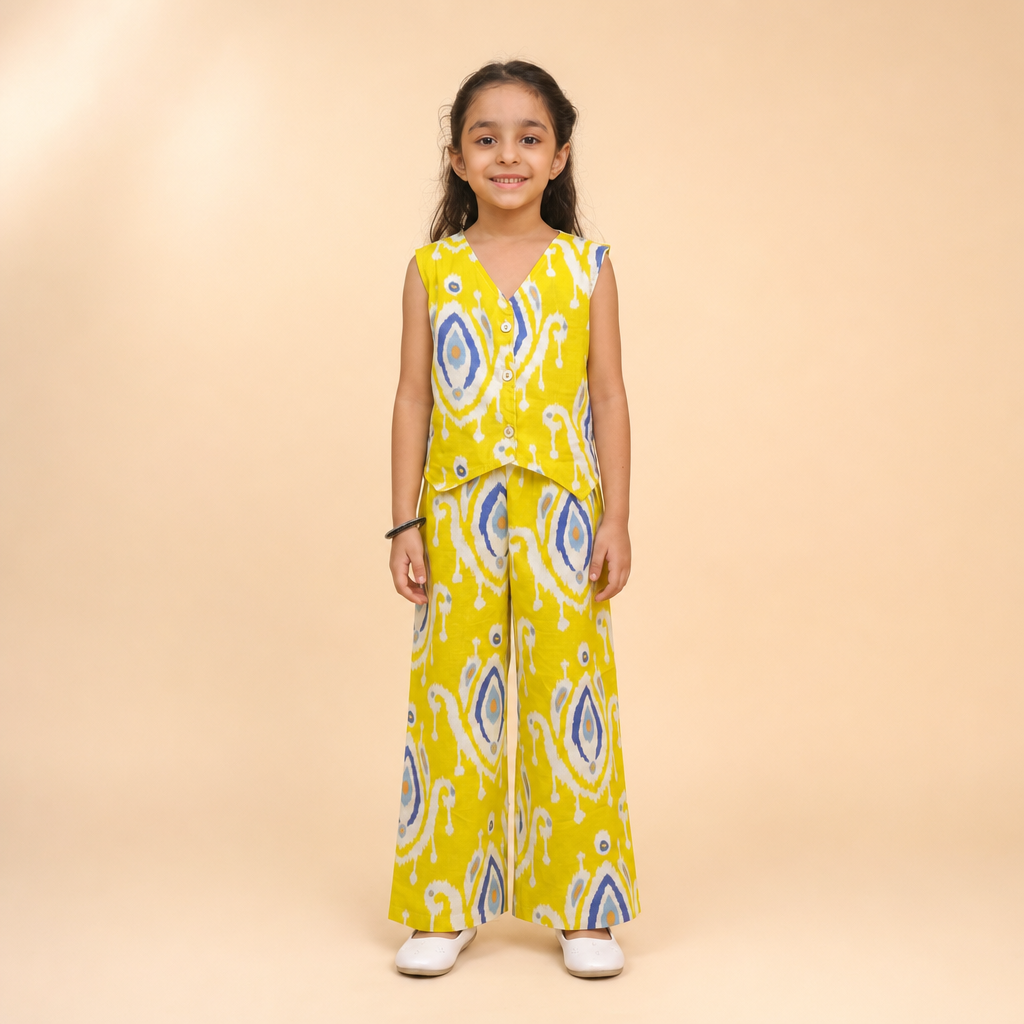Ikat Printed Vest Palazzo Set Yellow
