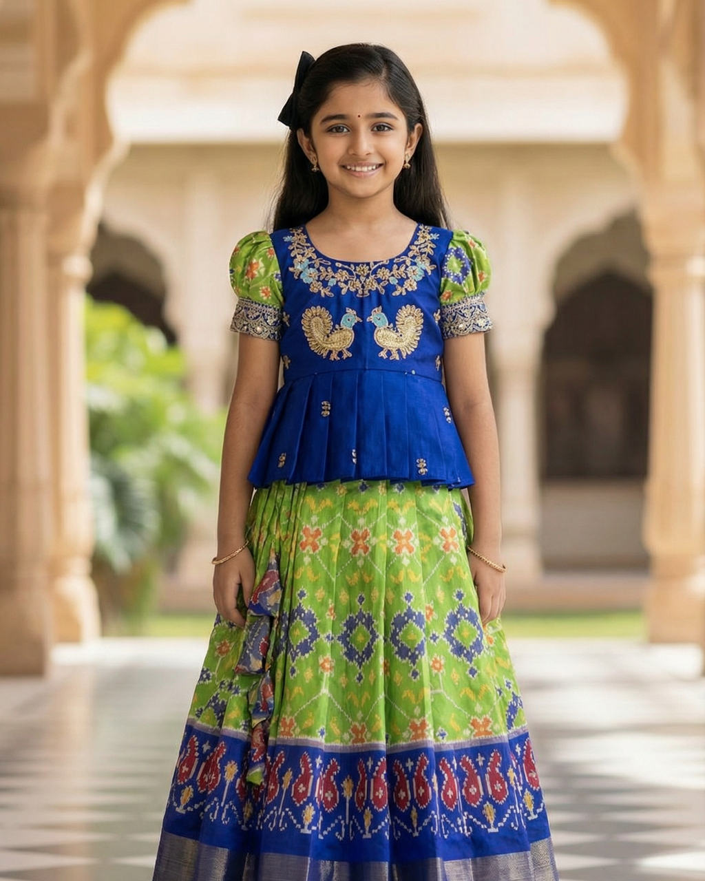 Girls Peacock Patola Lehenga Set in Green - Patola Silk Lehenga for kids - front view