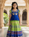 Girls Peacock Patola Lehenga Set in Green - Patola Silk Lehenga for kids - front view