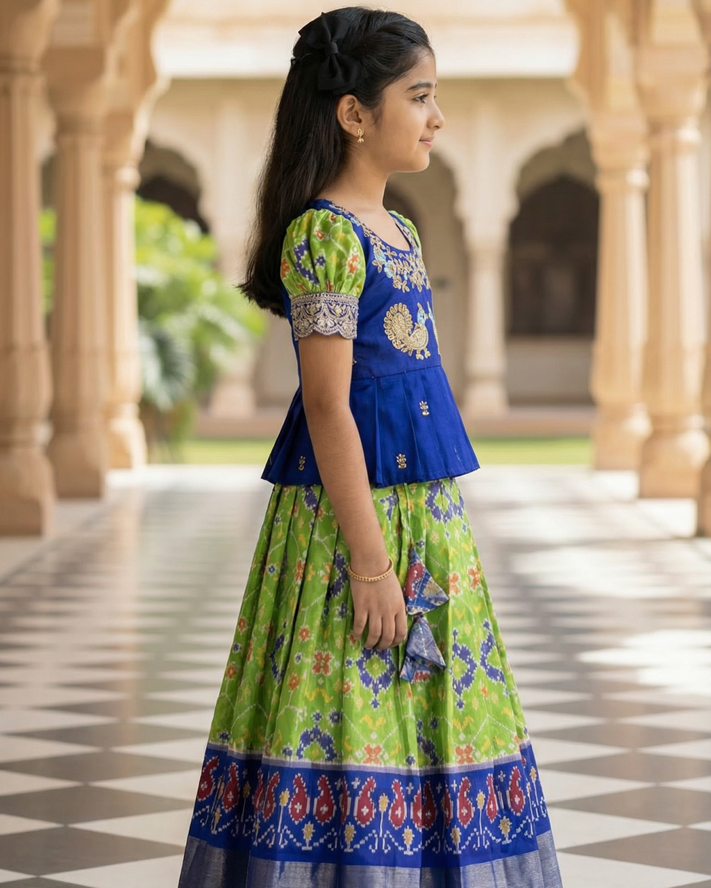 Girls Peacock Patola Lehenga Set in Green - Patola Silk Lehenga - back view
