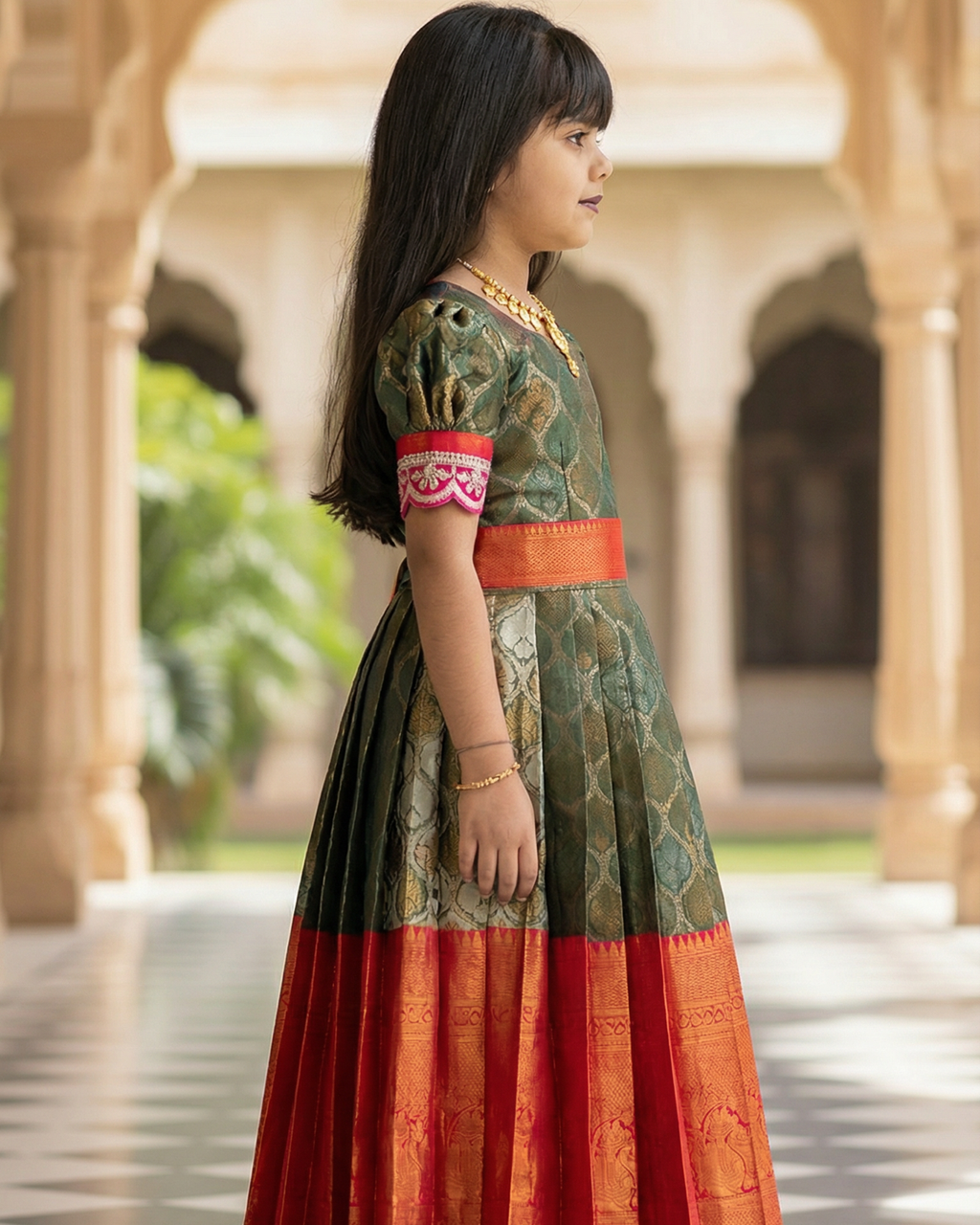 Girls Brocade Pleated Gown in Olive & Red - Brocade Silk Gown - side view