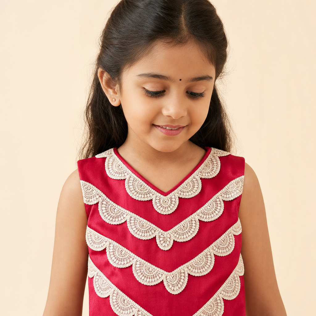 Scalloped Lace Lehenga Set Red