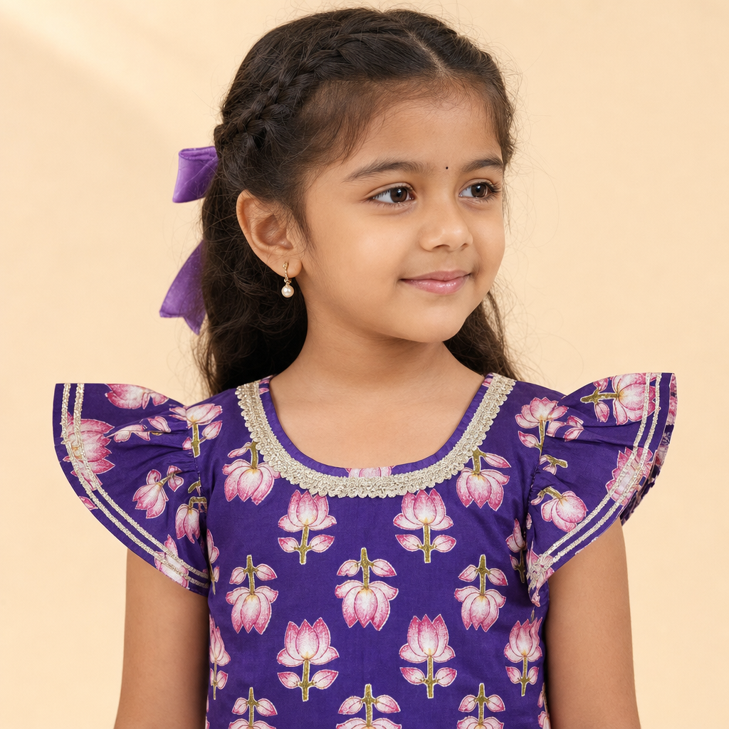 Lotus Printed Lehenga Choli Set Purple