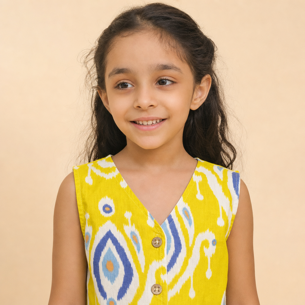 Ikat Printed Vest Palazzo Set Yellow