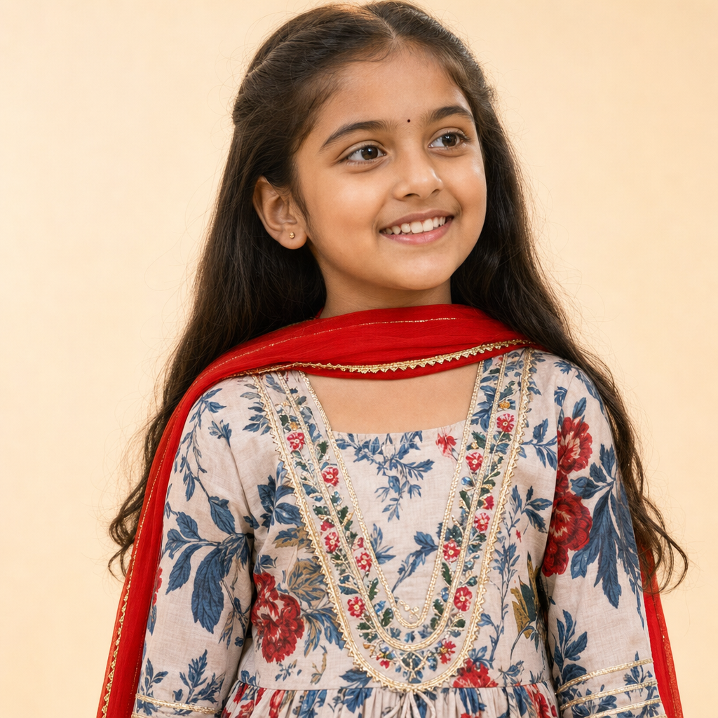 Floral Tassel Kurti Afghani Set Cream
