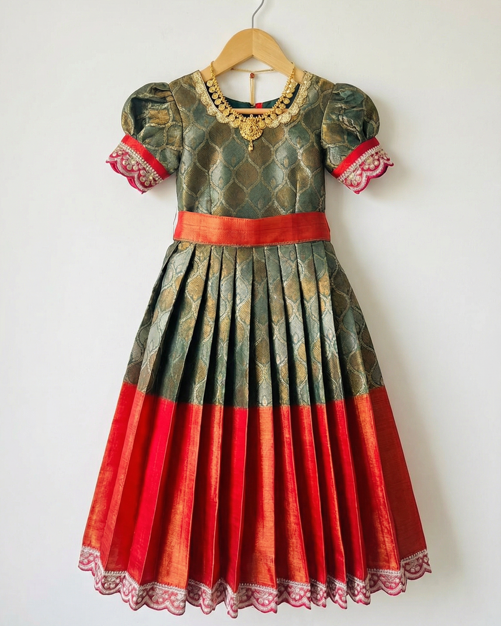 Girls Brocade Pleated Gown in Olive & Red - Brocade Silk Gown - back view