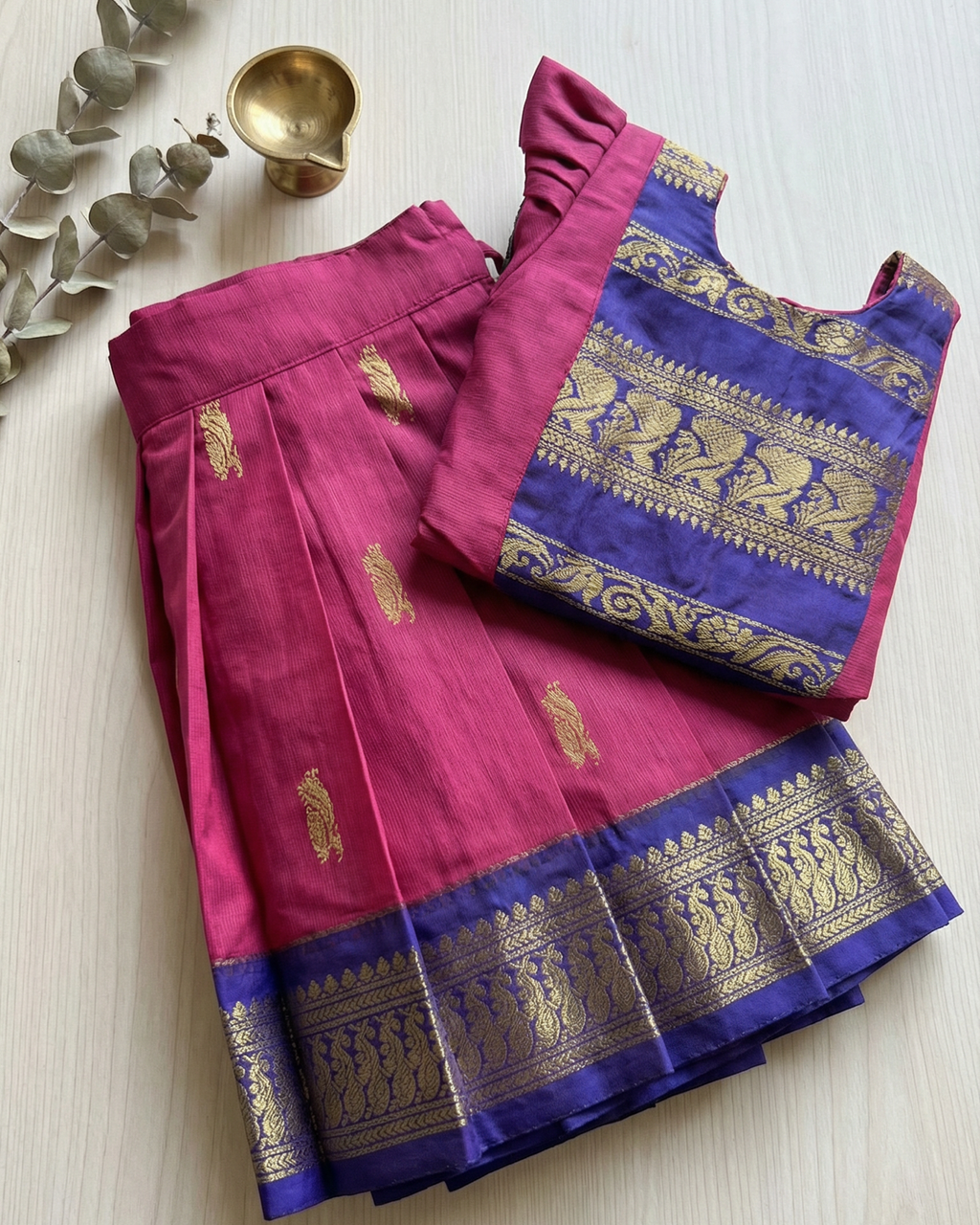 Girls Zari Border Pattu Lehenga Set in Pink - Silk Pattu Lehenga - side view