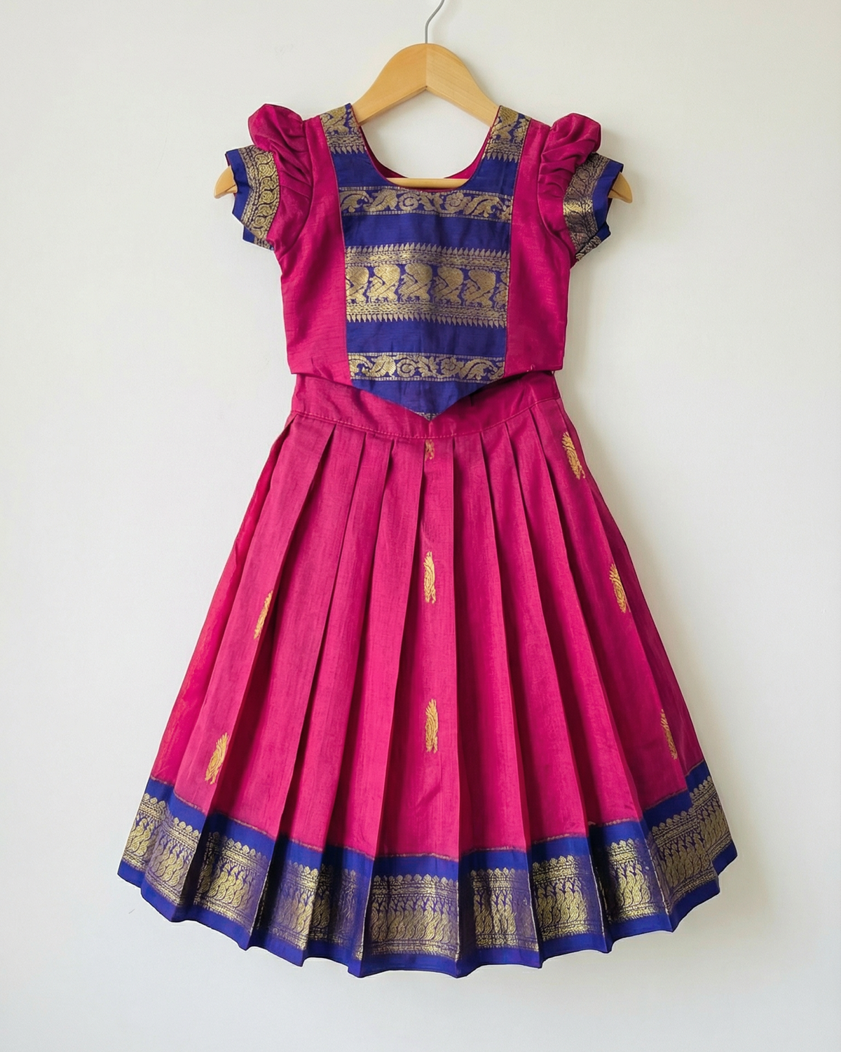 Girls Zari Border Pattu Lehenga Set in Pink - Silk Pattu Lehenga - back view