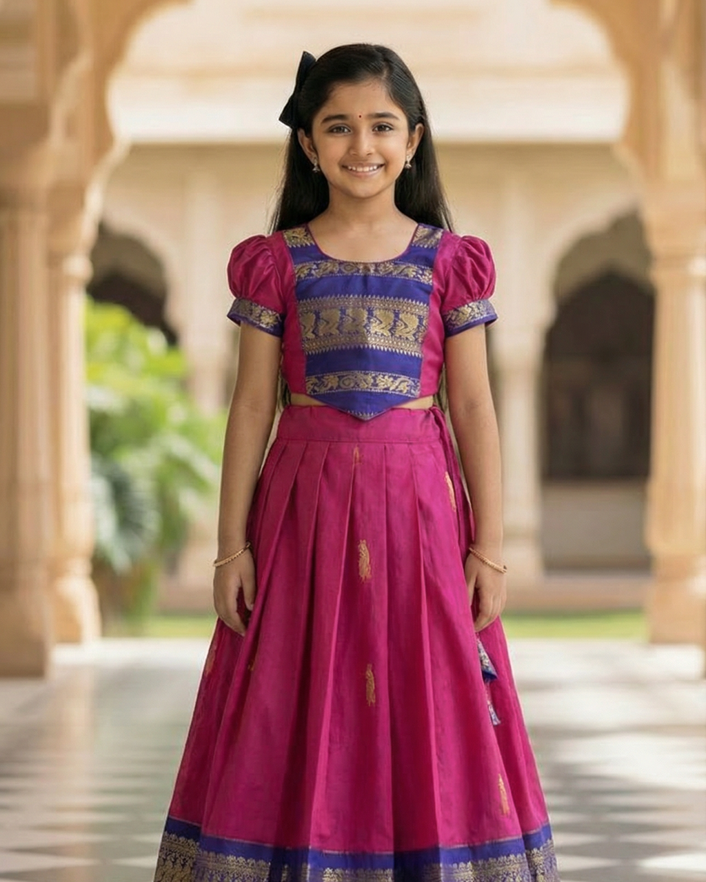 Girls Zari Border Pattu Lehenga Set in Pink - Silk Pattu Lehenga for kids - front view