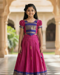 Girls Zari Border Pattu Lehenga Set in Pink - Silk Pattu Lehenga for kids - front view