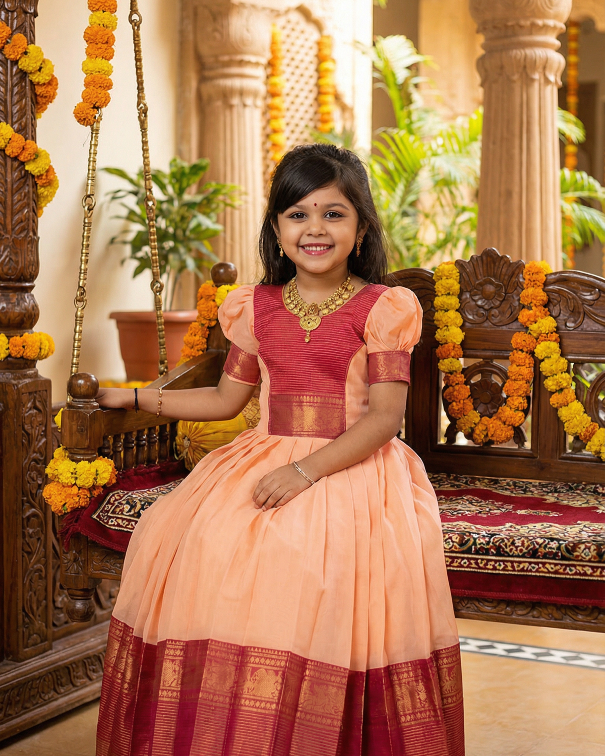 Girls Peach Pattu Pavadai Gown in Peach Pink - Silk Blend Gown - side view