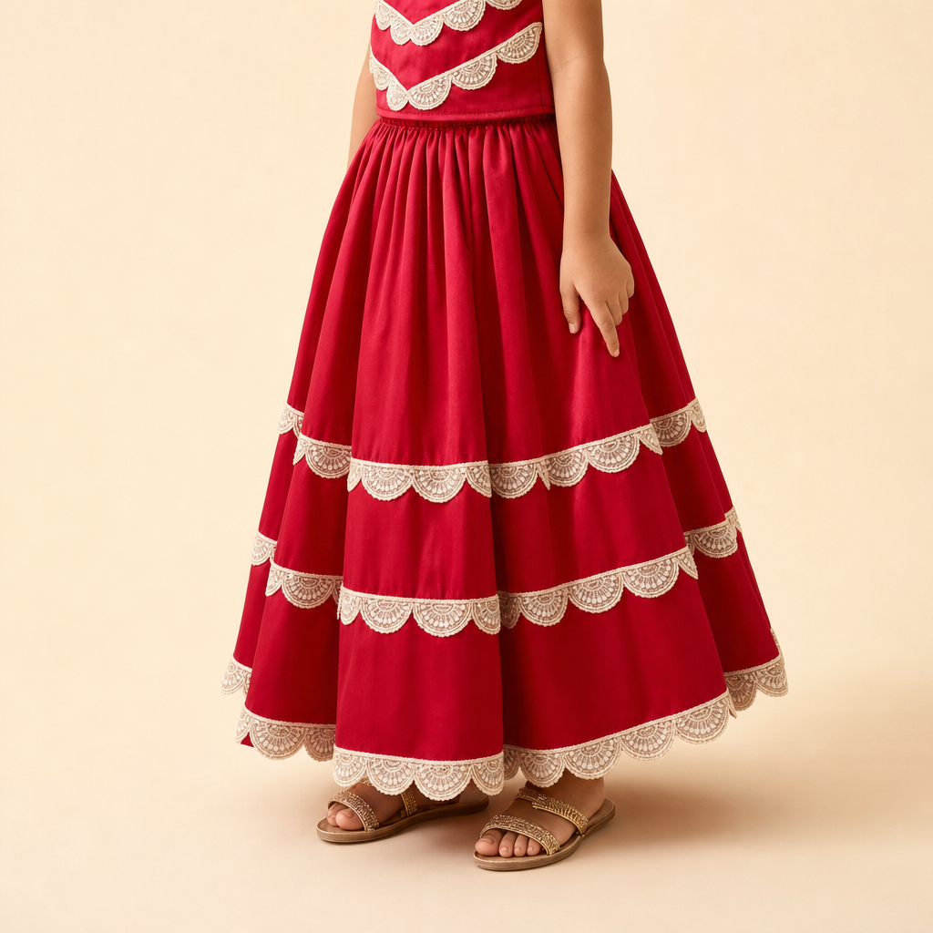 Scalloped Lace Lehenga Set Red