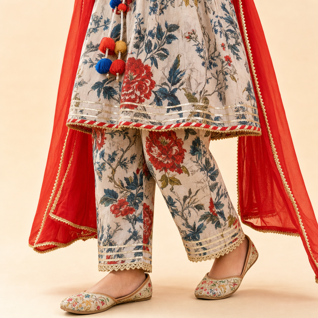 Floral Tassel Kurti Afghani Set Cream