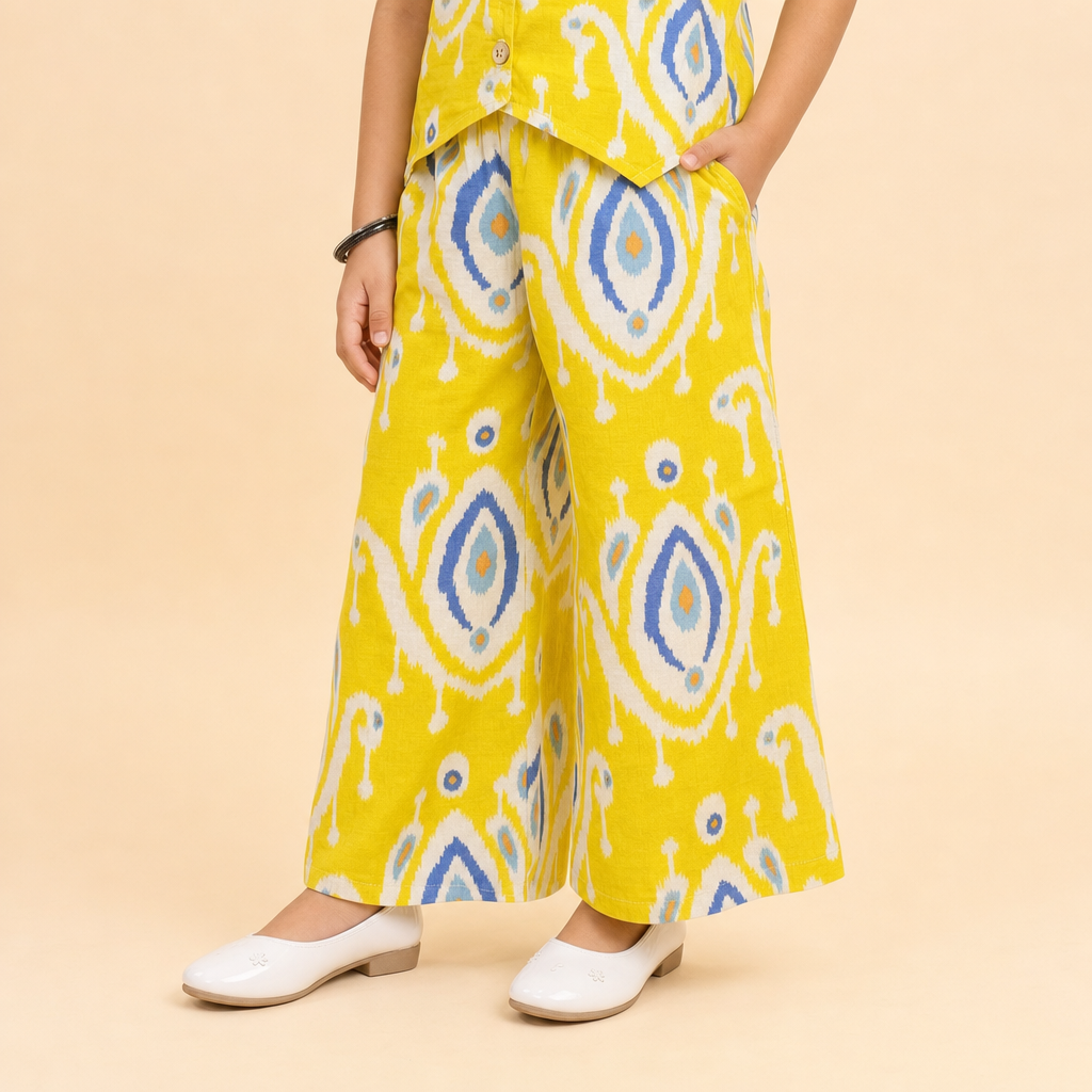 Ikat Printed Vest Palazzo Set Yellow