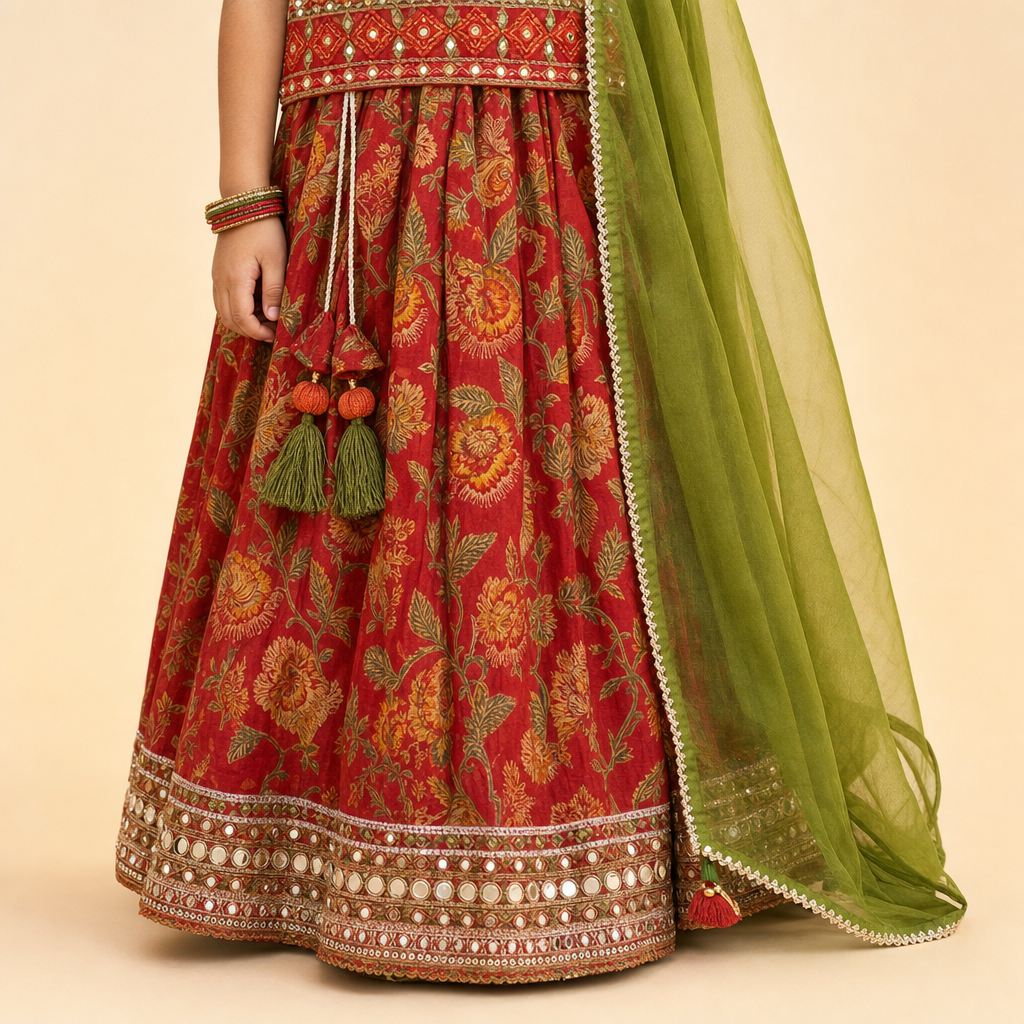 Floral Mirror Work Lehenga Set Red