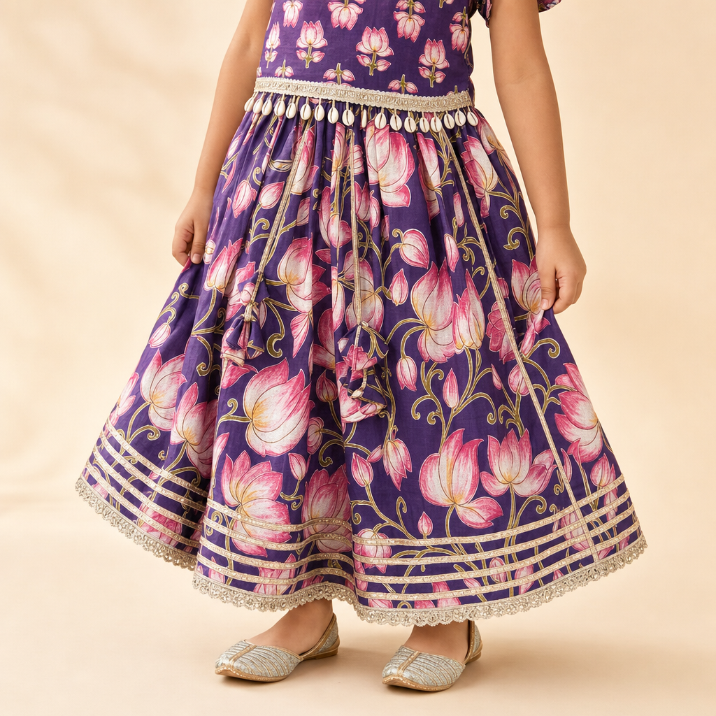 Lotus Printed Lehenga Choli Set Purple