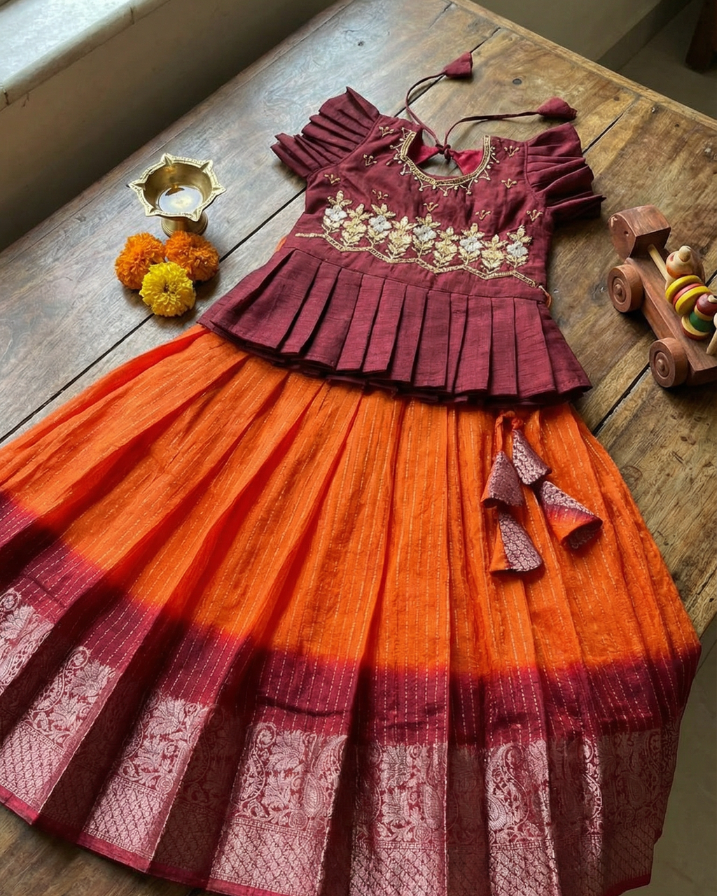 Girls Embroidered Lehenga Set in Orange - Silk Blend Lehenga - side view