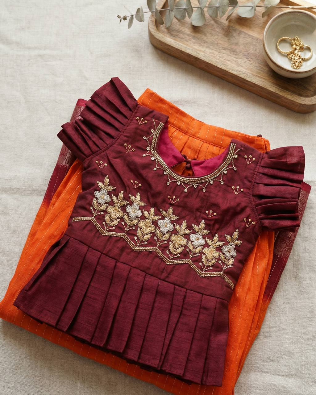 Girls Embroidered Lehenga Set in Orange - Silk Blend Lehenga - back view