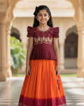 Girls Embroidered Lehenga Set in Orange - Silk Blend Lehenga for kids - front view