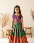 Girls Embroidered Silk Lehenga Set in Purple & Green - Silk Lehenga for kids - front view