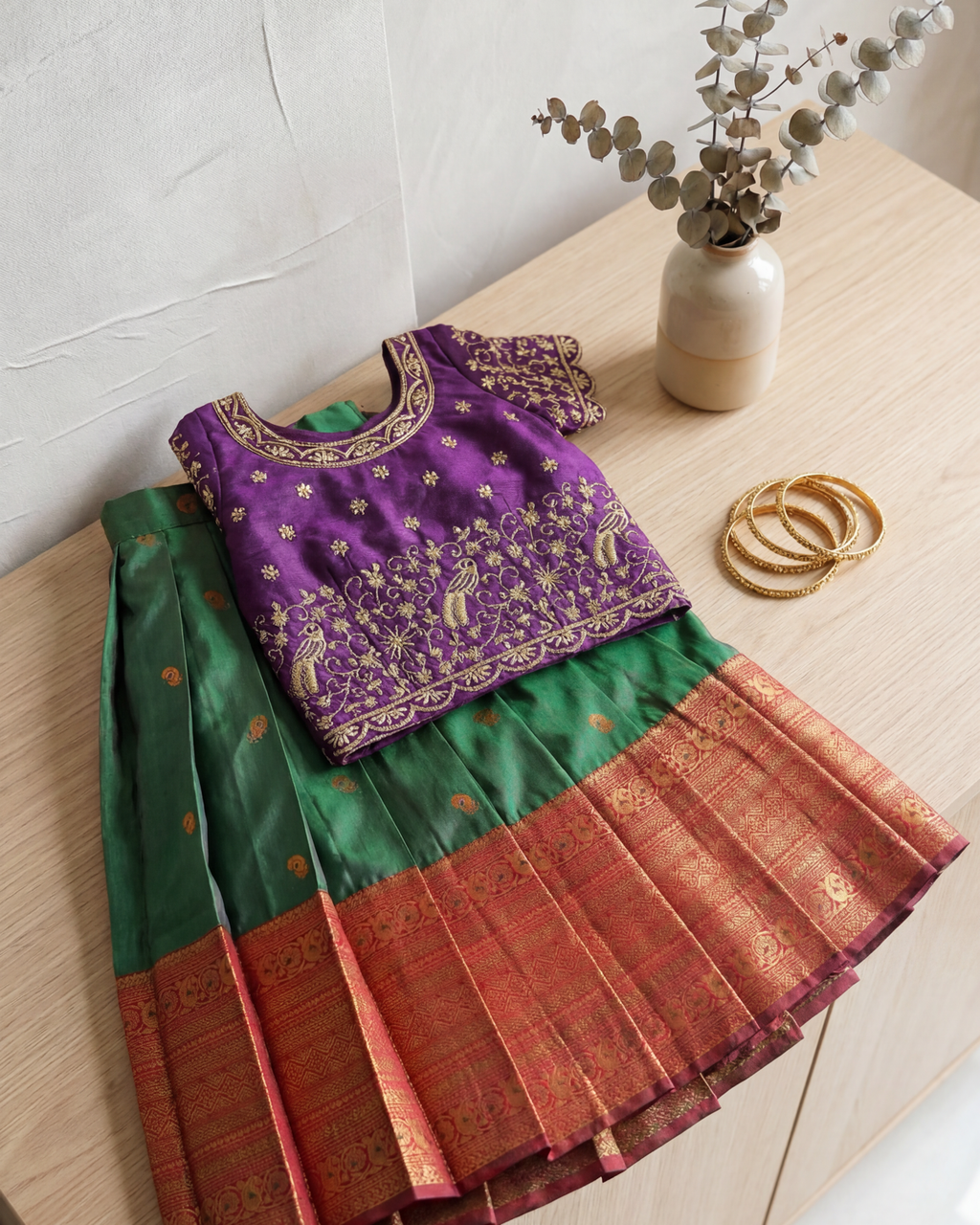 Girls Embroidered Silk Lehenga Set in Purple & Green - Silk Lehenga - side view