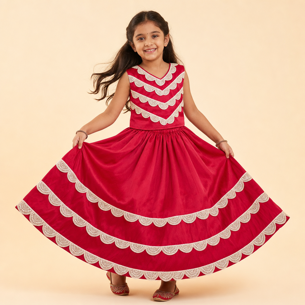 Scalloped Lace Lehenga Set Red