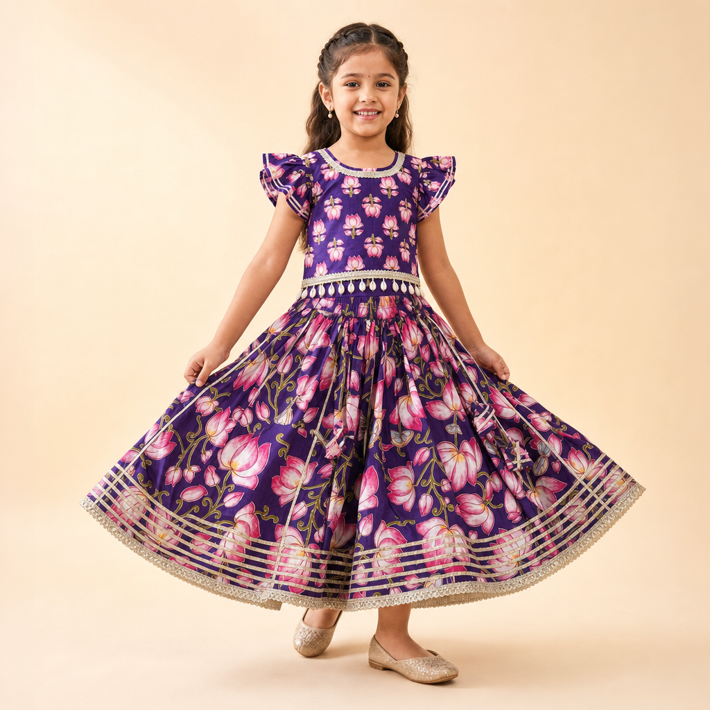 Lotus Printed Lehenga Choli Set Purple