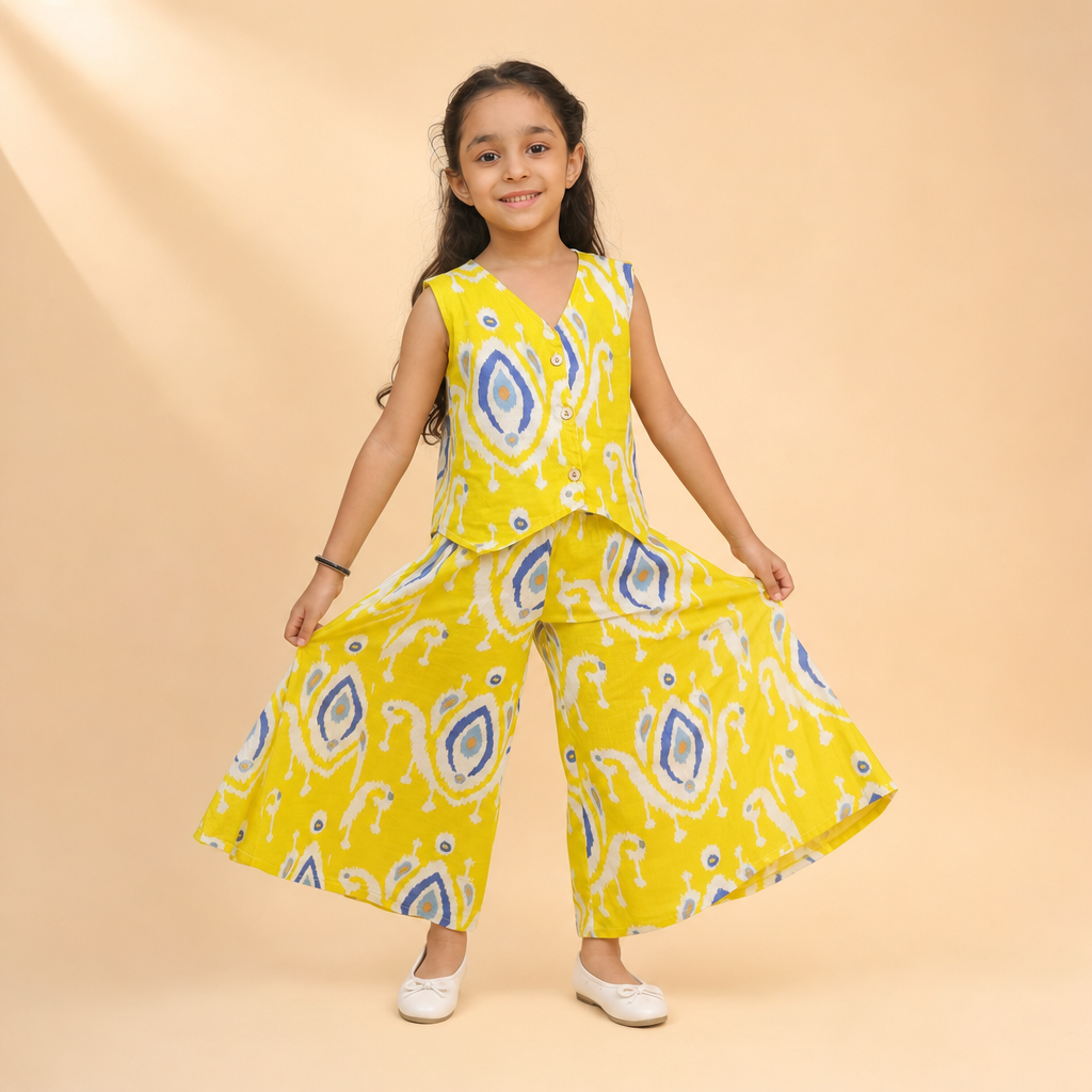 Ikat Printed Vest Palazzo Set Yellow
