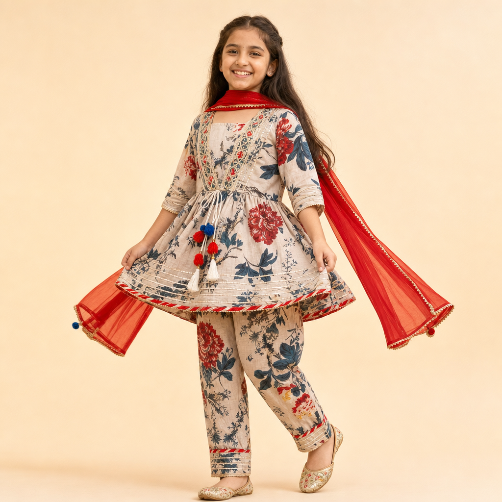 Floral Tassel Kurti Afghani Set Cream