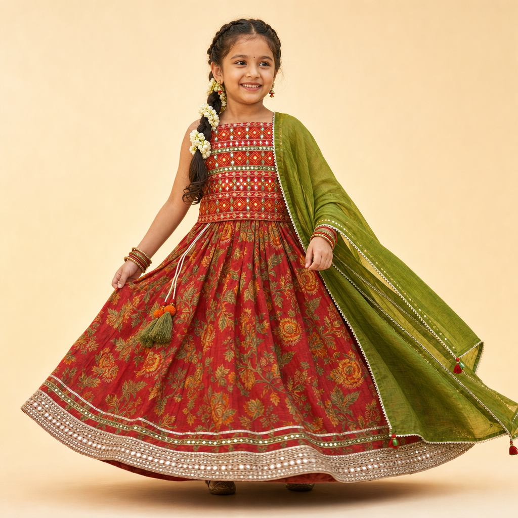 Floral Mirror Work Lehenga Set Red