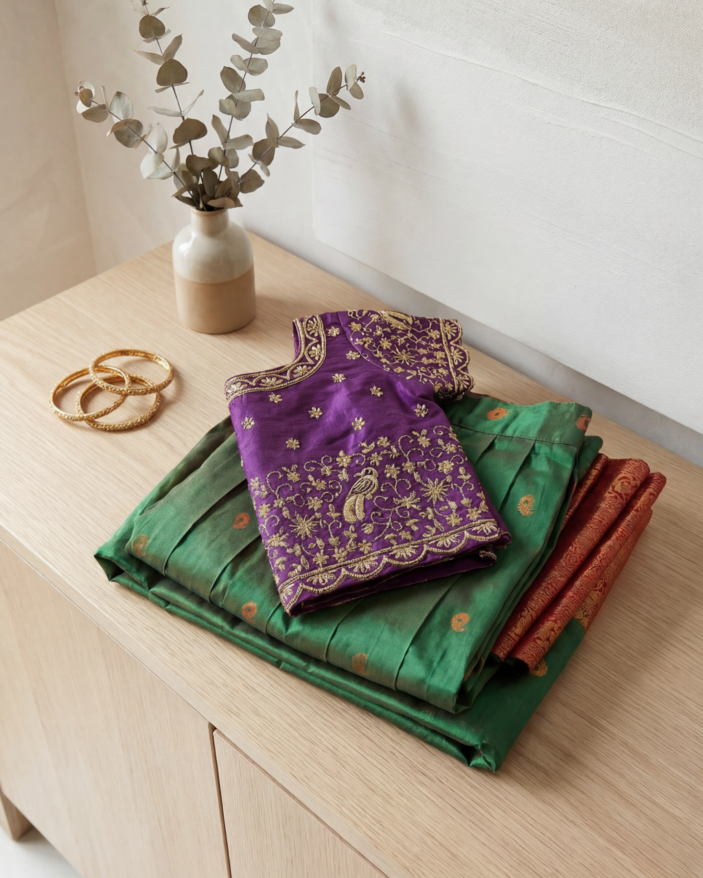 Girls Embroidered Silk Lehenga Set in Purple & Green - Silk Lehenga - back view