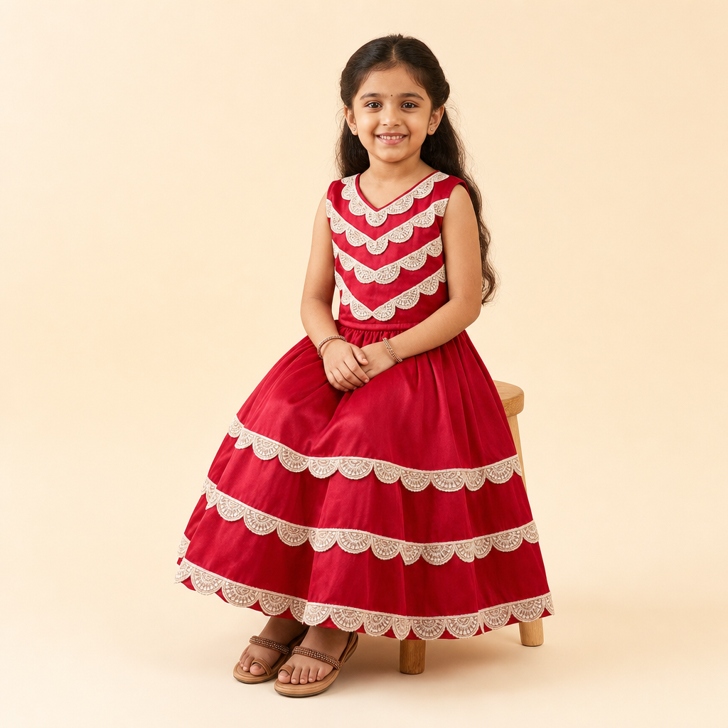 Scalloped Lace Lehenga Set Red