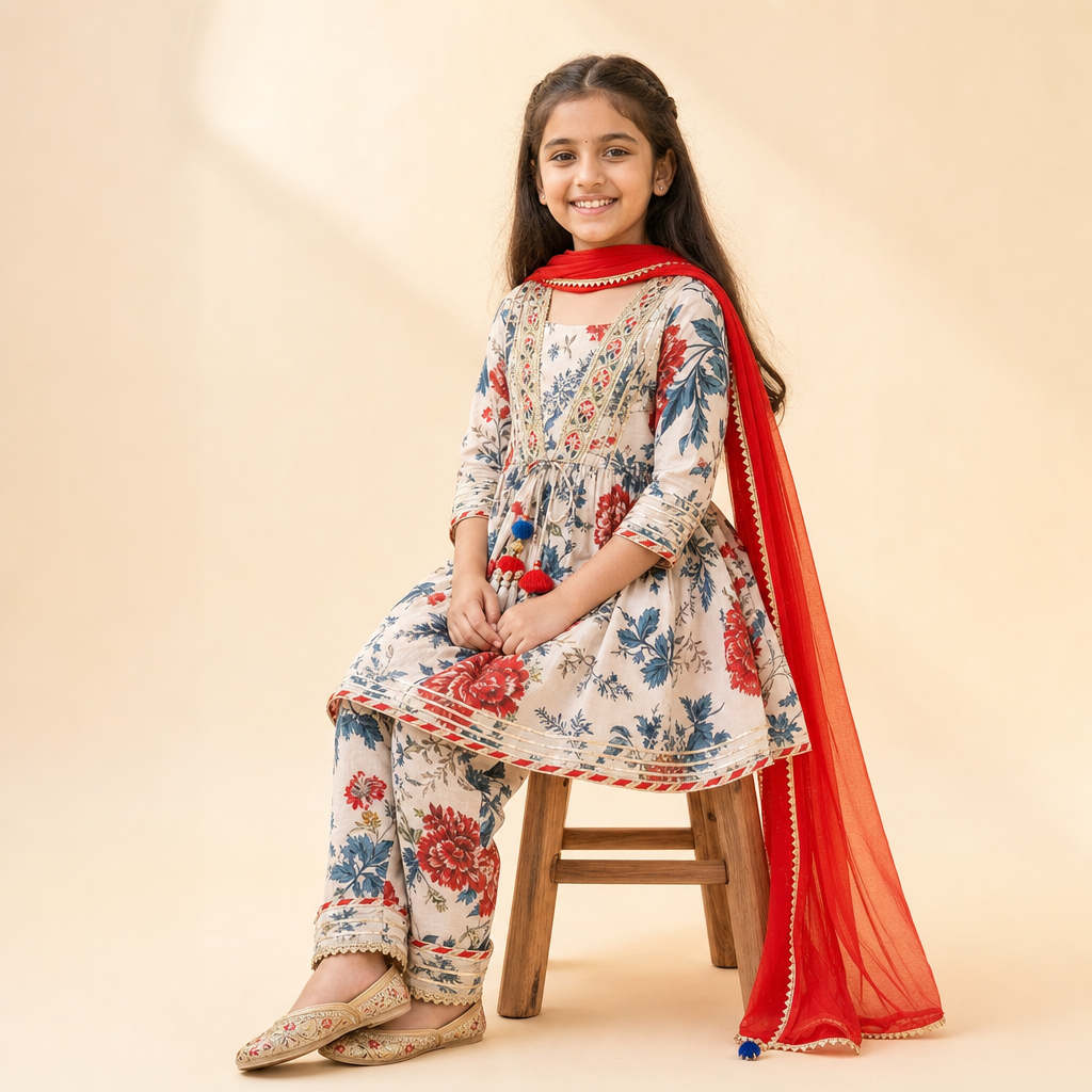 Floral Tassel Kurti Afghani Set Cream