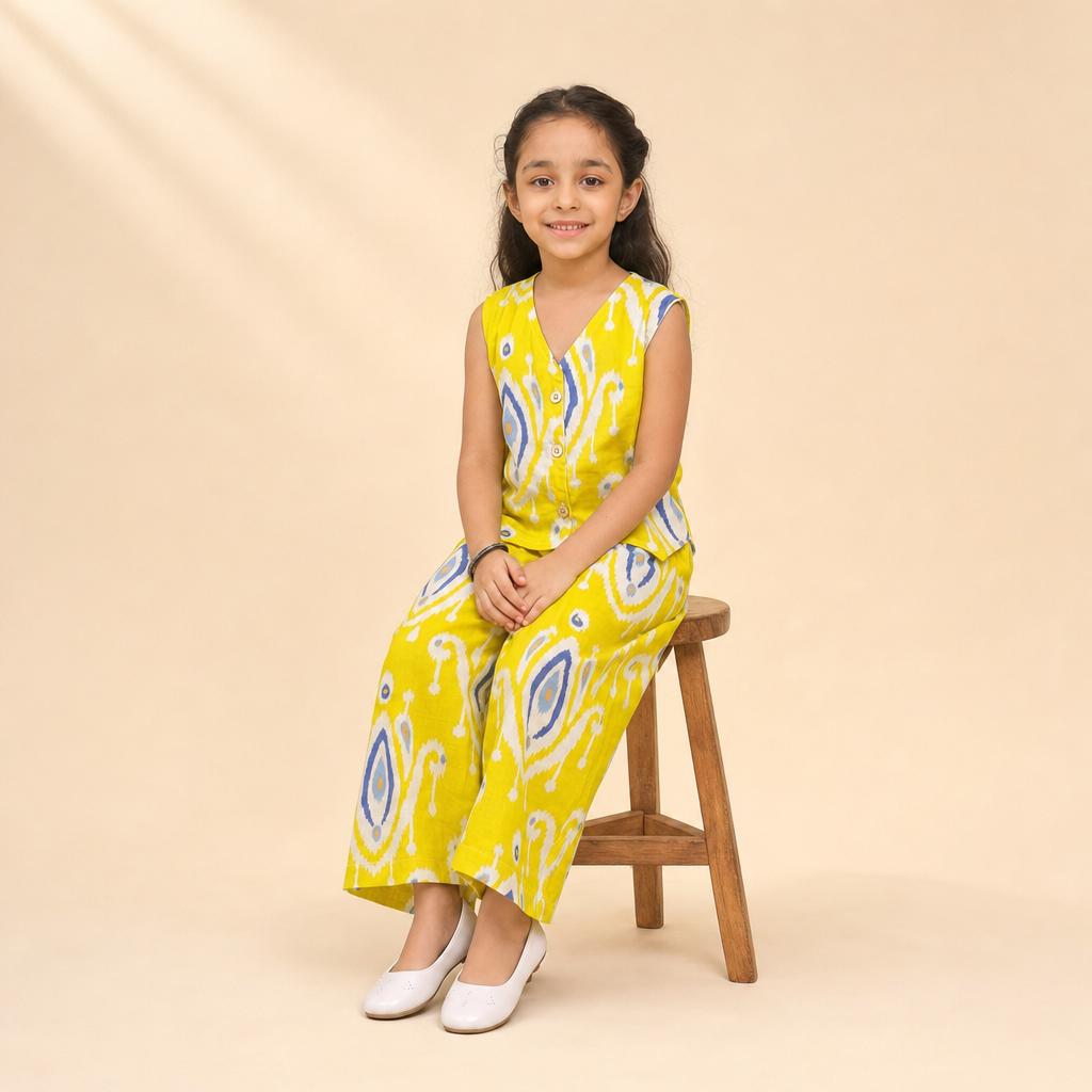 Ikat Printed Vest Palazzo Set Yellow