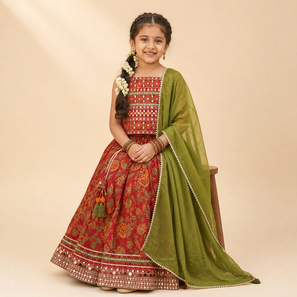Floral Mirror Work Lehenga Set Red
