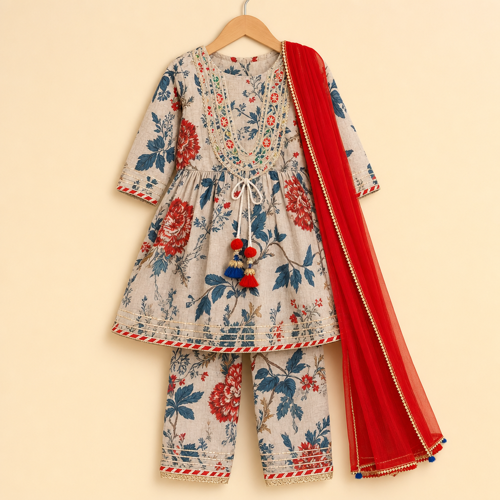 Floral Tassel Kurti Afghani Set Cream