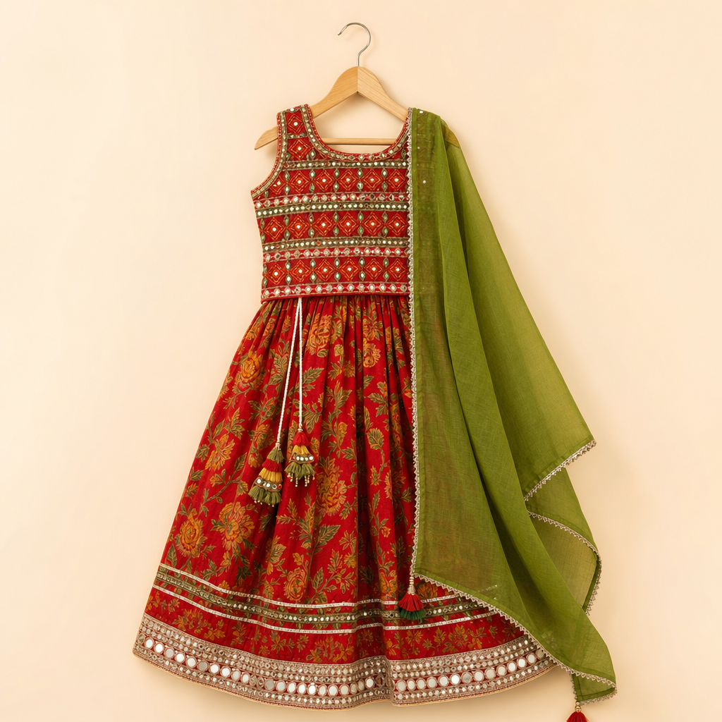 Floral Mirror Work Lehenga Set Red