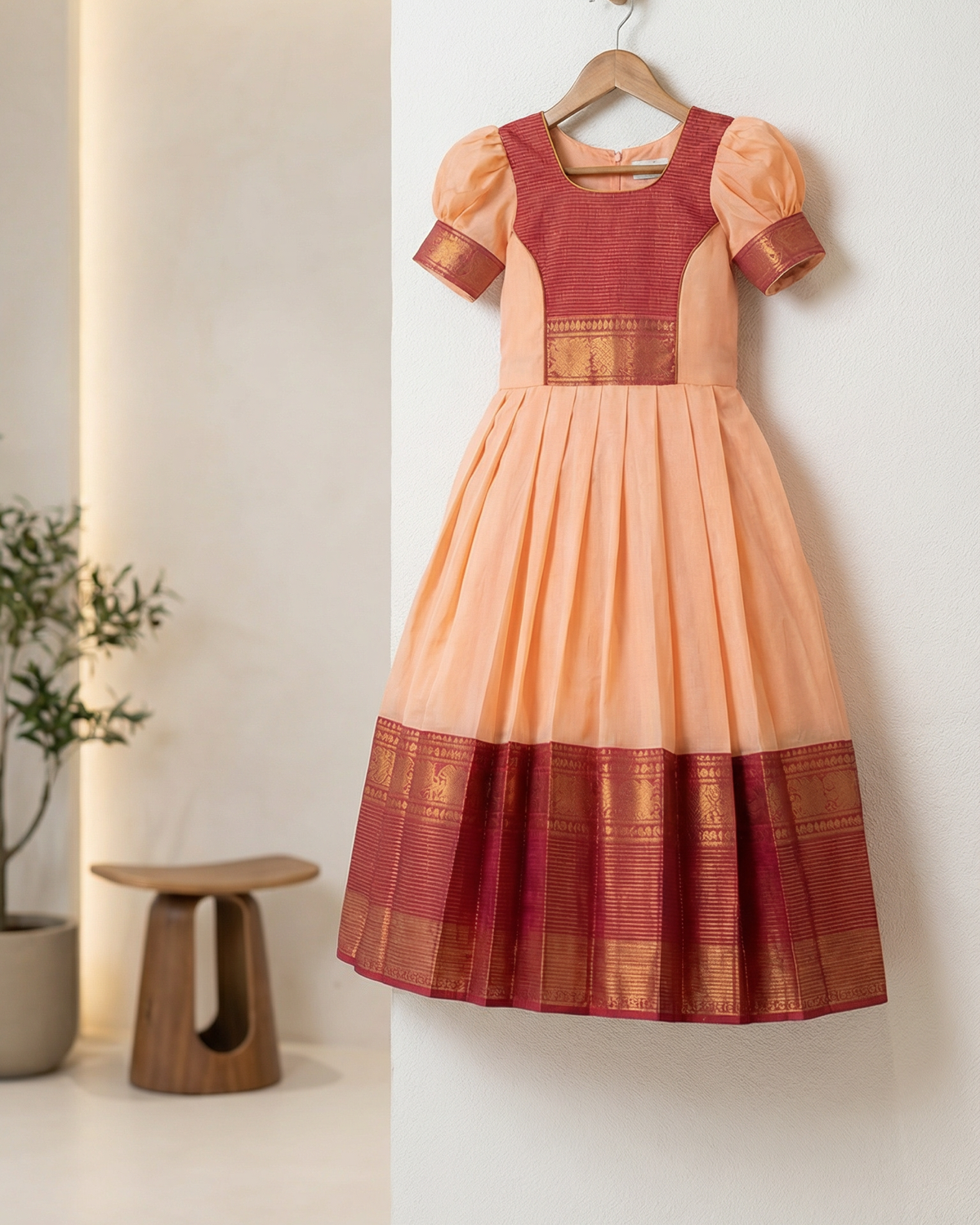 Girls Peach Pattu Pavadai Gown in Peach Pink - Silk Blend Gown - back view