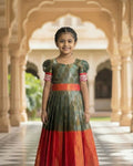 Girls Brocade Pleated Gown in Olive & Red - Brocade Silk Gown for kids - front view