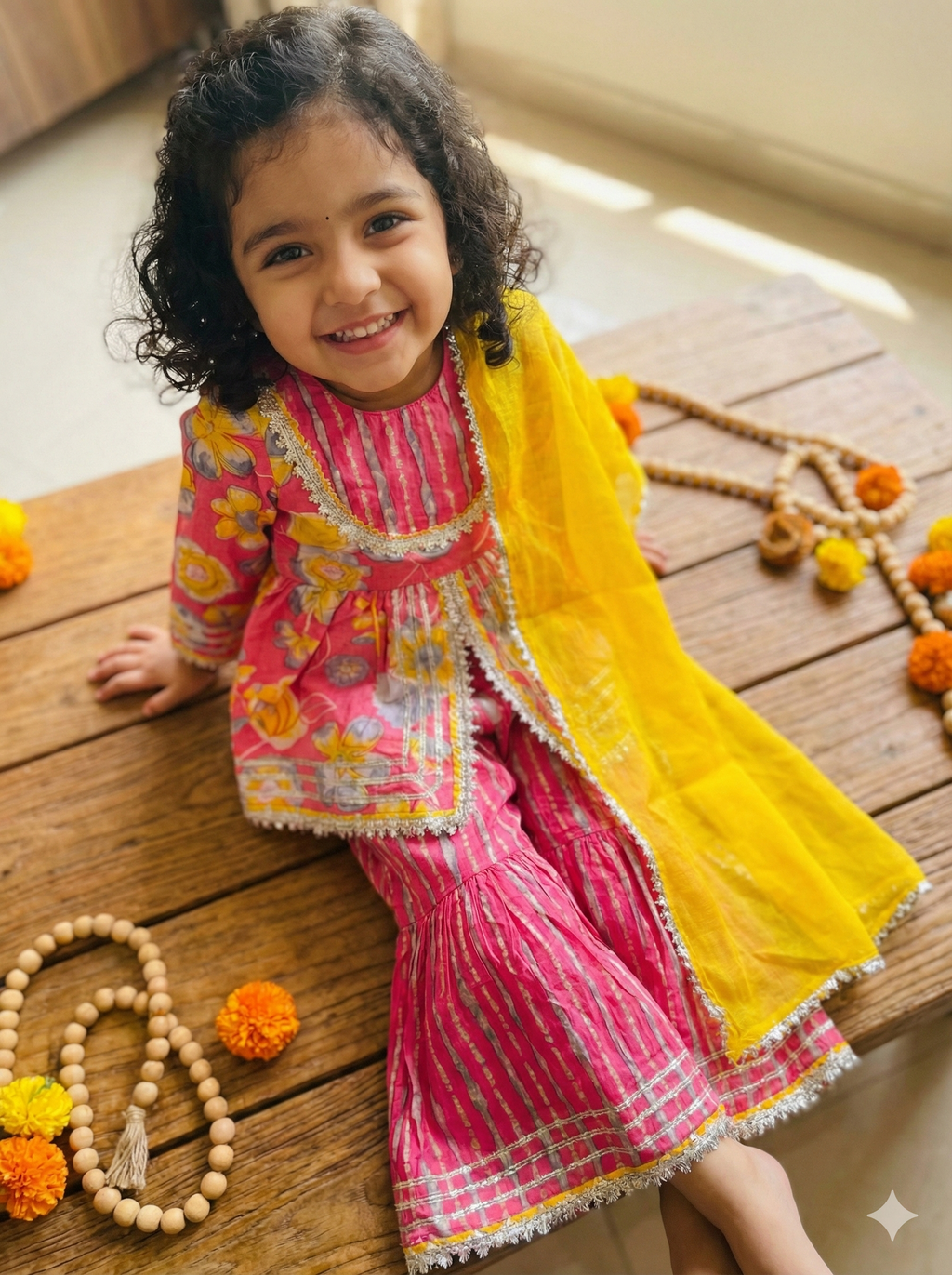 Girls Pink Floral Striped Kurti Sharara Set in Pink - Cotton Sharara Set - side view