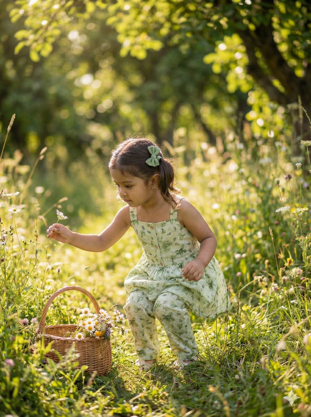 Girls Sage Leaf Top & Pant Set in Green - Cotton Co-ord Set for kids - front view