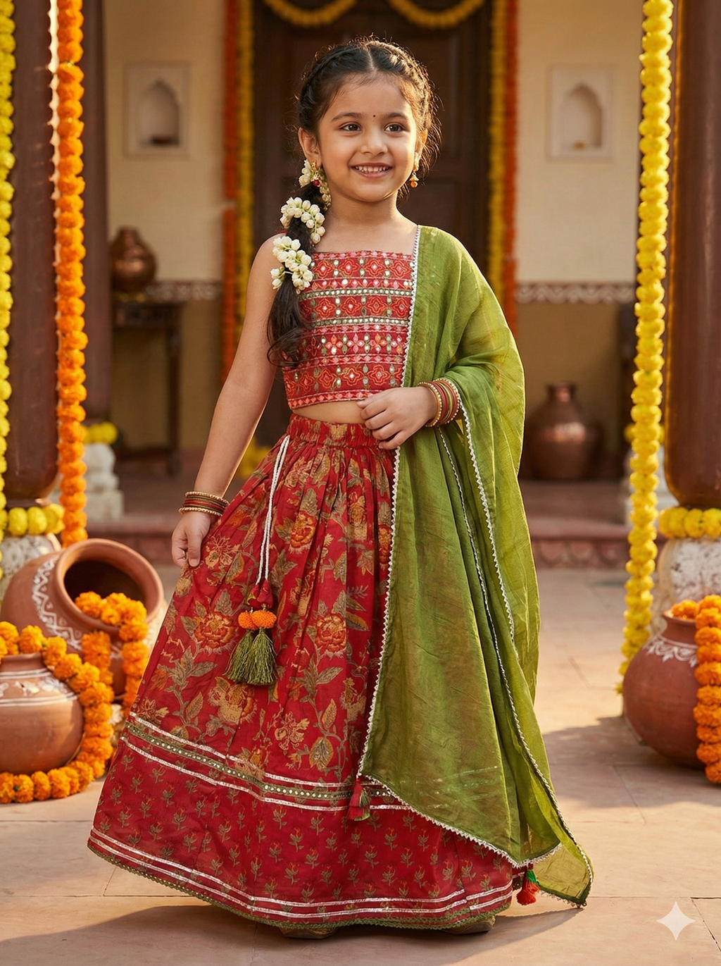 Girls Floral Mirror Work Lehenga Set in Red - Cotton Lehenga for kids - front view