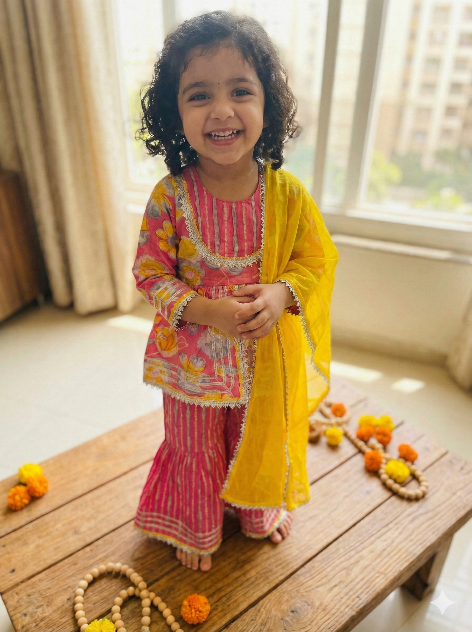 Girls Pink Floral Striped Kurti Sharara Set in Pink - Cotton Sharara Set for kids - front view